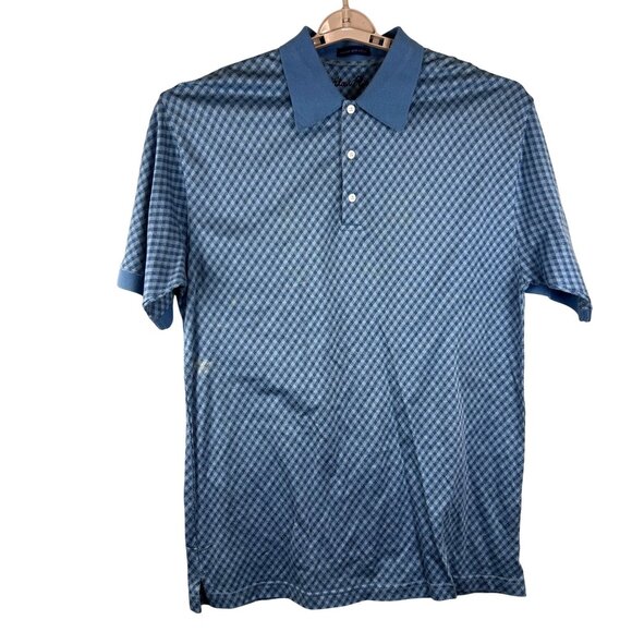 Alan Flusser Med Blue Houndstooth Golf Polo Mercerized Cotton Short Sleeve Top - Picture 1 of 9